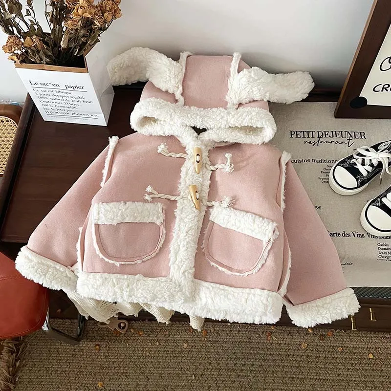 80-130cm Winter Kids Fur Coat Suede Fabric Plush Thickened Cardigan Horn Buttons Kids Wholesale Clothing Pink kids Winter Coat