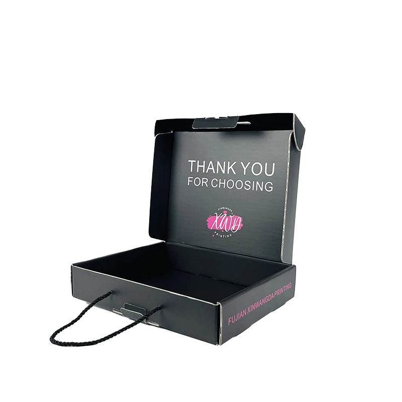 Custom Rope Handle Paper Box Premium Black Gift Box With Thank You Message For Luxury Wigs Packaging Shipping Boxes For Cosmetic