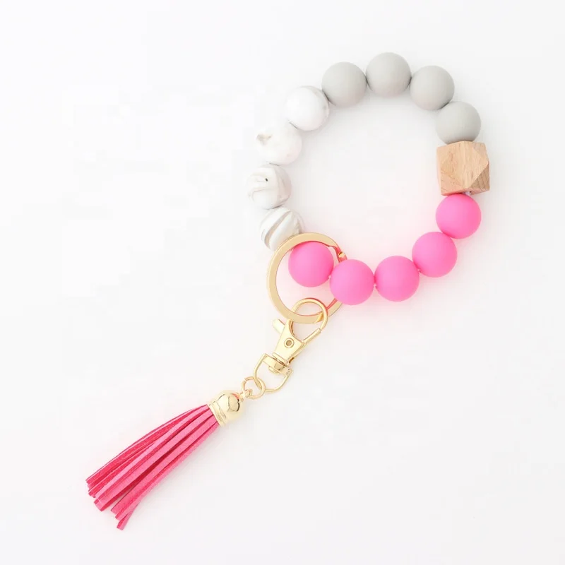 Amazon new bracelet key ring food grade silicone beads bracelet leather tassel wooden beads key chain for women