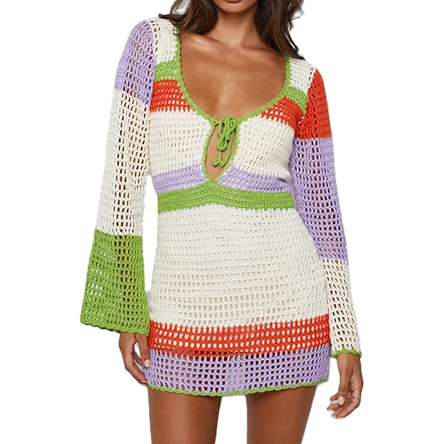 Crochet Knit Dress Summer Beach Women Crochet Knit Dress Hollow Out Swimsuit Cover Ups Low Cut Halter Beach Dresses Sundress