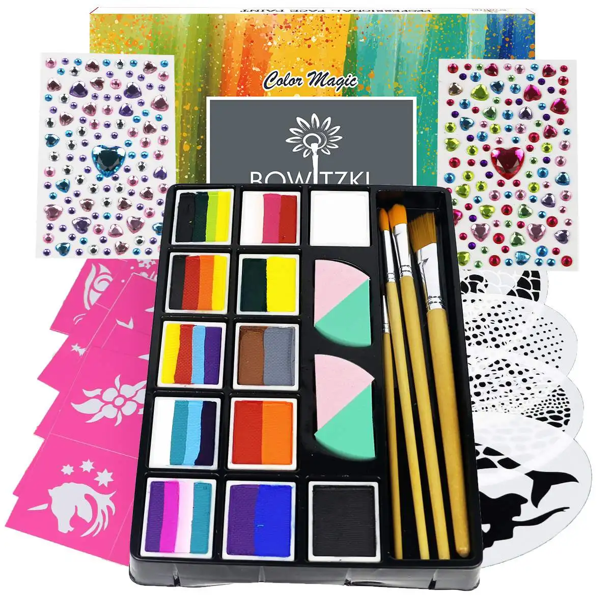 rainbow water activated split cake professional face painting kit face and body paint with stencils