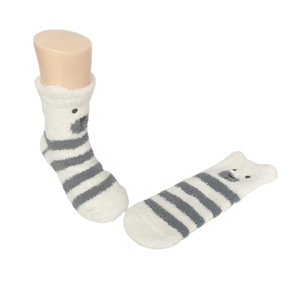 Hot sell cute bear striped coral velvet fluffy fuzzy socks women winter warm animal Indoor Knitted  floor slipper socks