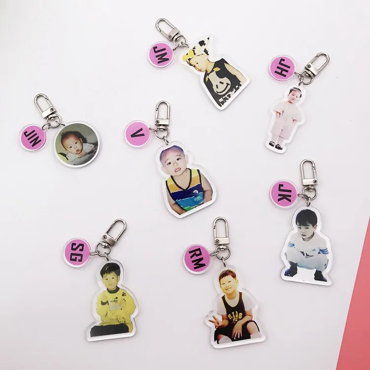 Оптовая продажа, брелок для ключей kpop group с фотографией детства, милый акриловый брелок для ключей bangtan boys
