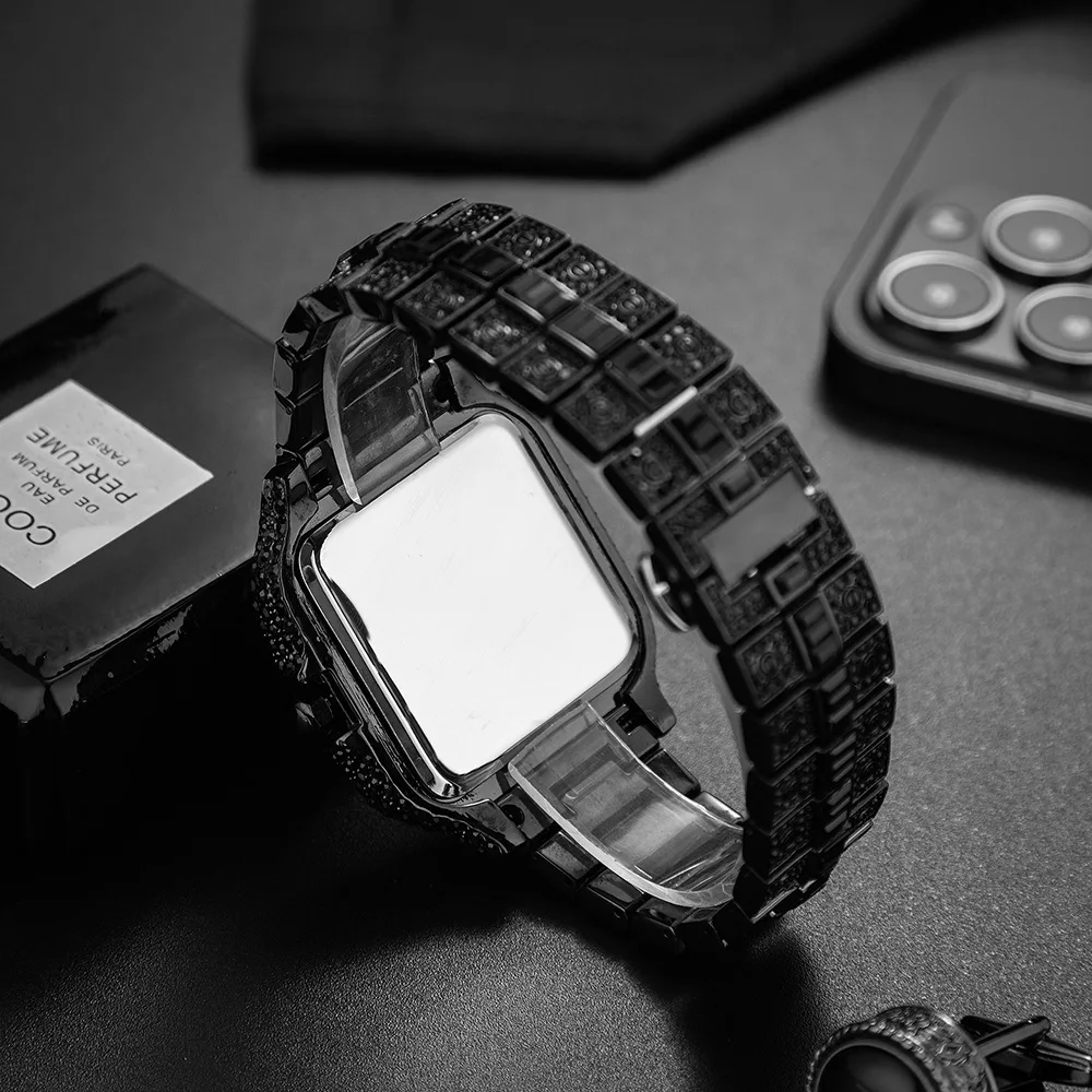 Hot promotion square steel strip timing calendar japan quartz movement diamond watch for men high end light luxury