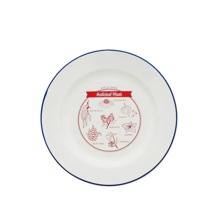 30cm dinnerware big round custom logo white color fruit serving flat shape 12 inch enamel dinner platen with black rim