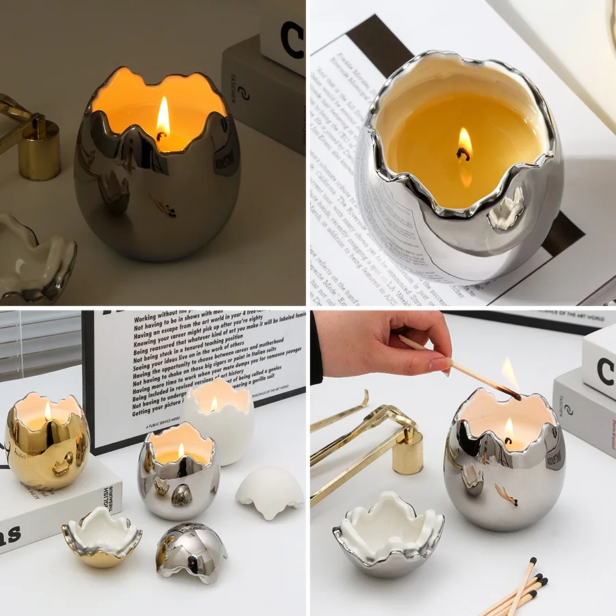 Wholesale Golden Creative Big Eggshell Ceramic Plating Candle Cup Ins High Value Aromatherapy Candle Cup Empty Bottle