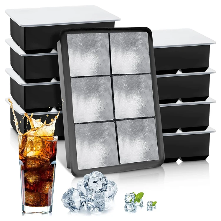 6 Cavity Ice Cube Mold Square Ice Cube Maker with Lid Silicone Ice Cube Tray for Juice Cocktails Whiskey