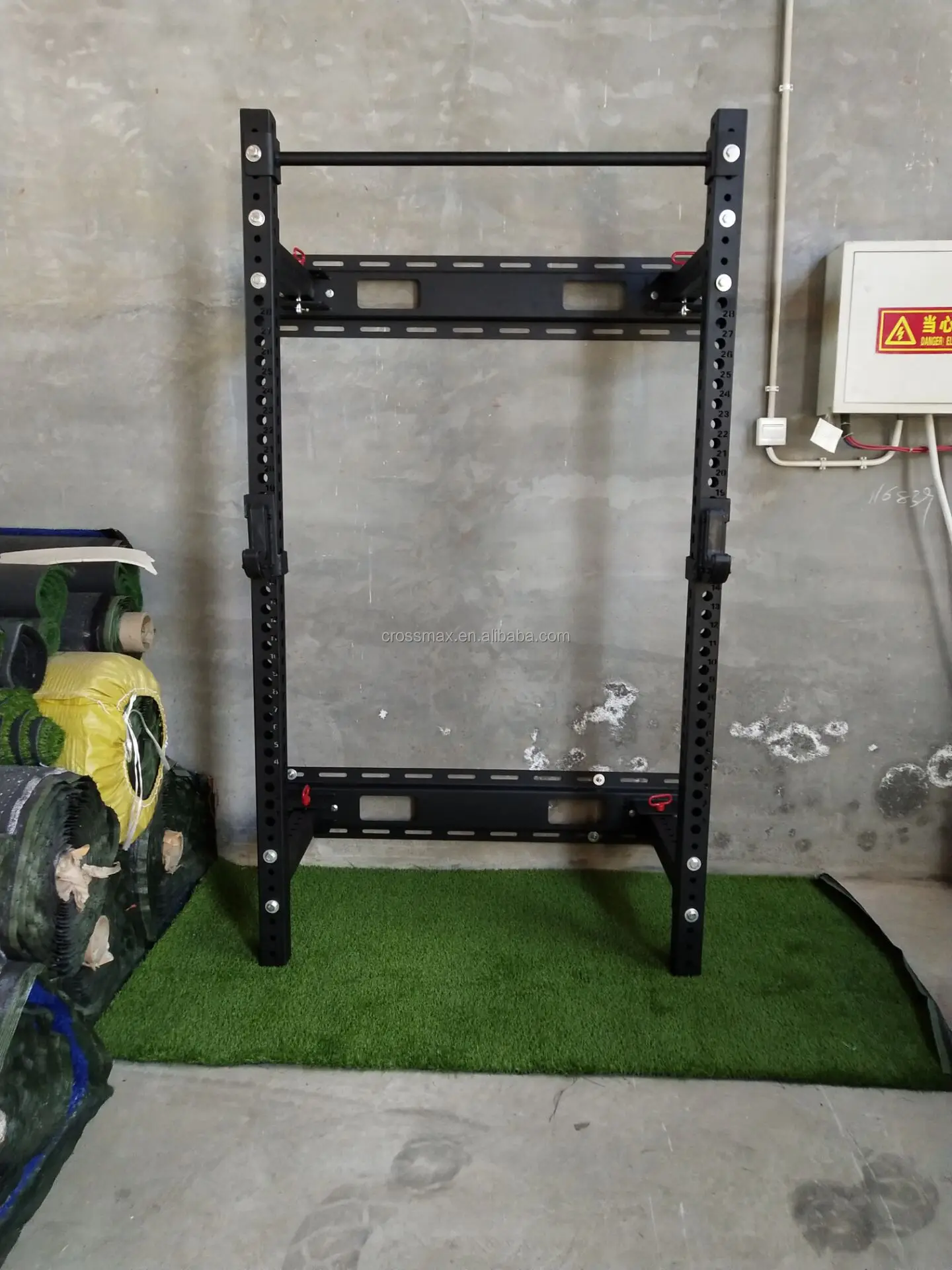 Gym equipment Wall Mount Fold Back Squat power Rack with J-hooks and spotter arms