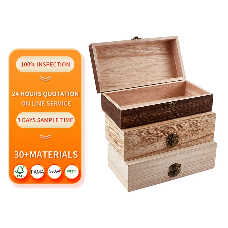 Unfinished natural wooden storage box with buckle retro wooden treasure chest is used for jewelry gift storage