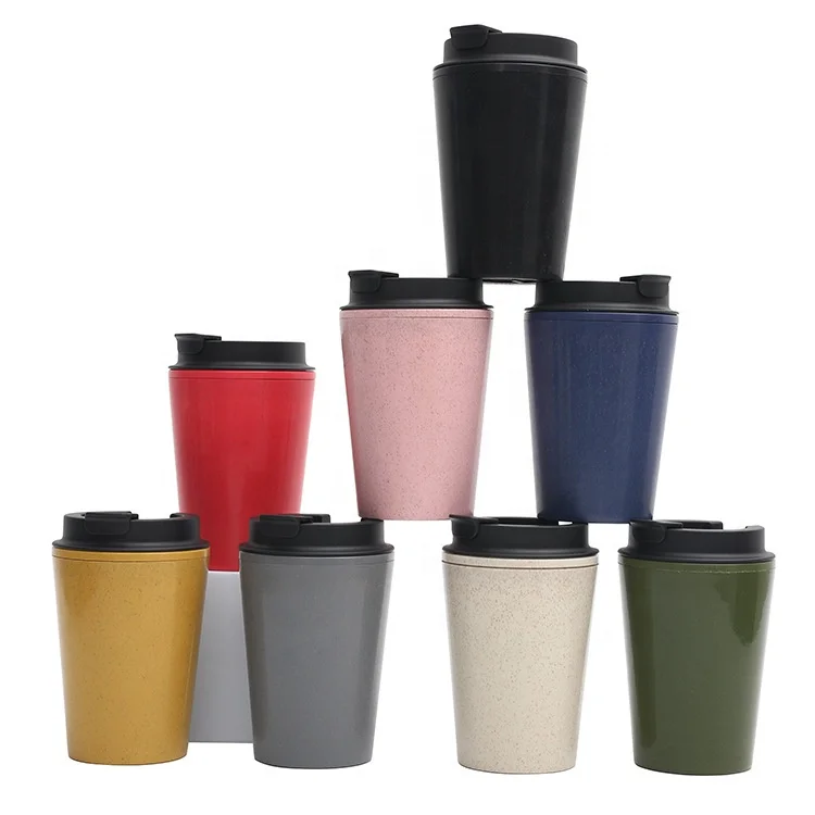 wholesale custom bulk 12oz wheat straw fiber coffee cup with lid PP plastic cups double wall reusable coffee tumblers