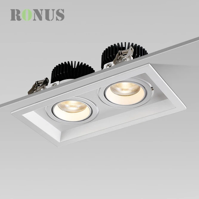 Rectangular Recessed LED COB 7W*2 Ceiling Double Head Adjustable Indoor Hotel Downlight Grille Light