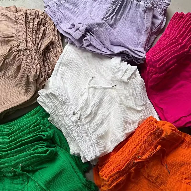 Spring Wrinkle Polo Long Sleeve Shirt High Waist Drawstring Shorts Large Fashion Casual Shorts Set Women