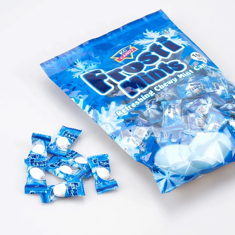 Wholesale candy factory Mint Flavor Sweet White Gummy Compressed Chew Jelly Candy Blue Packaging Wrapper surprise bonbon