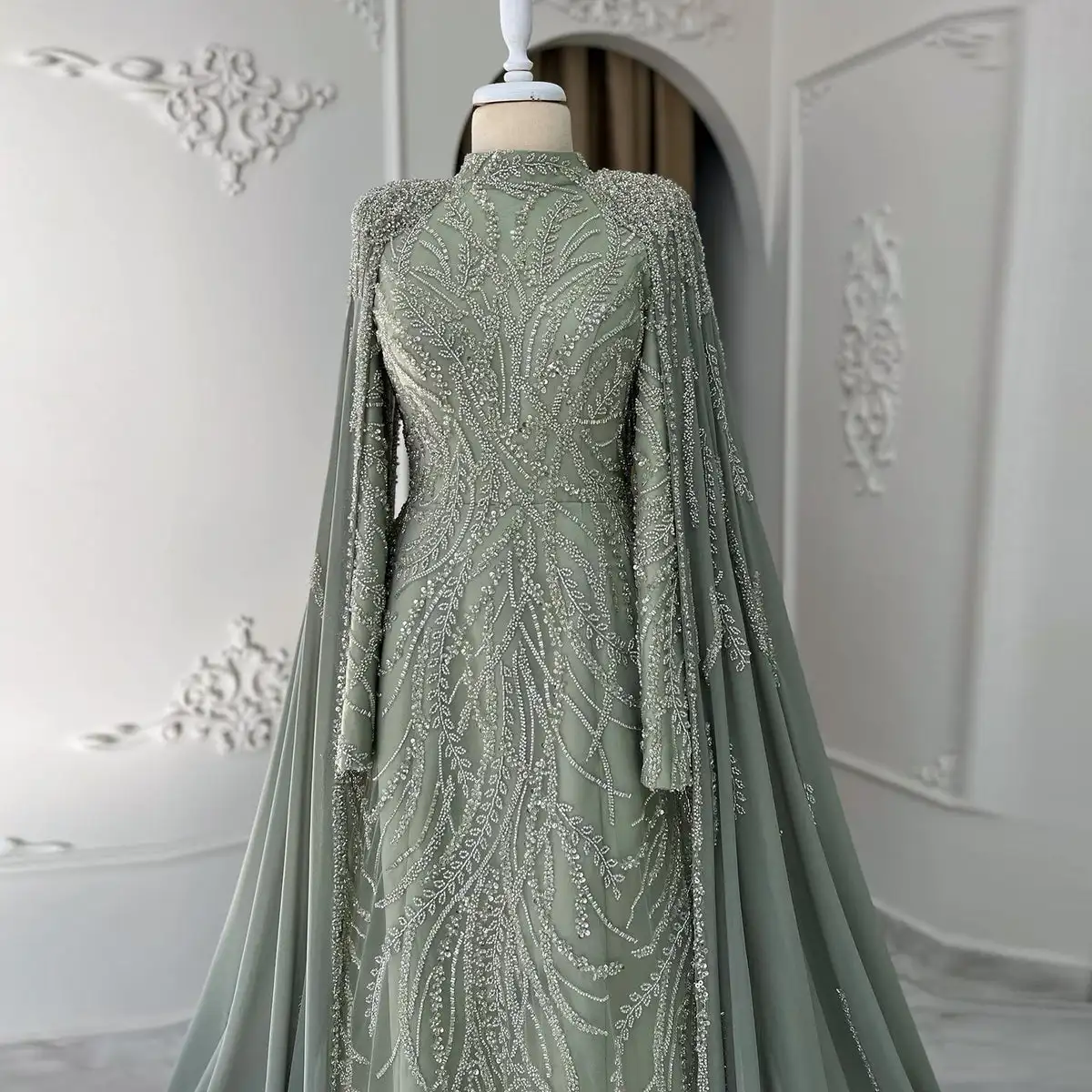 Luxury Beaded Sage Green Muslim Evening Dress With Cape Long Sleeves Arabic Dubai Women Wedding Party Gowns Lsz387-2