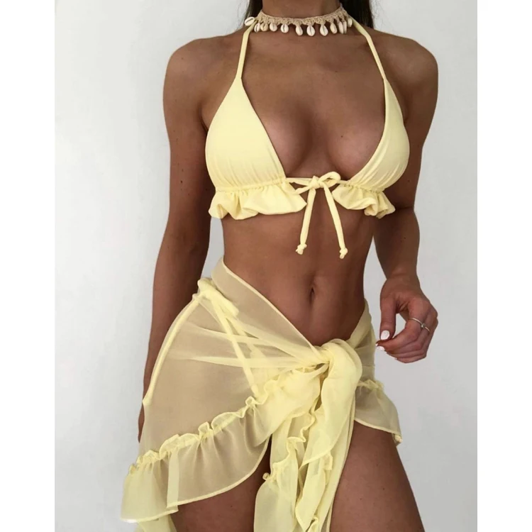 New Arrival Sexy Mesh Cover Up Bikini Set Solid Color Fitness Swimwear Women Bathing Suit 2022