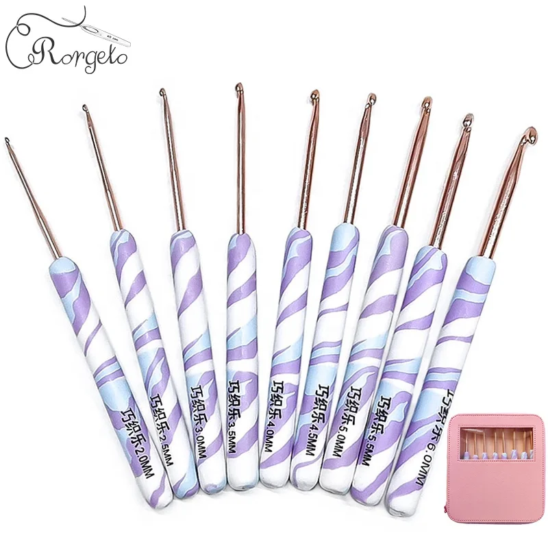 
9pcs/set Popular Sweater needle knitting tool soft ceramic handle crochet hook cas aluminum rose gold Crochet Hook Set 