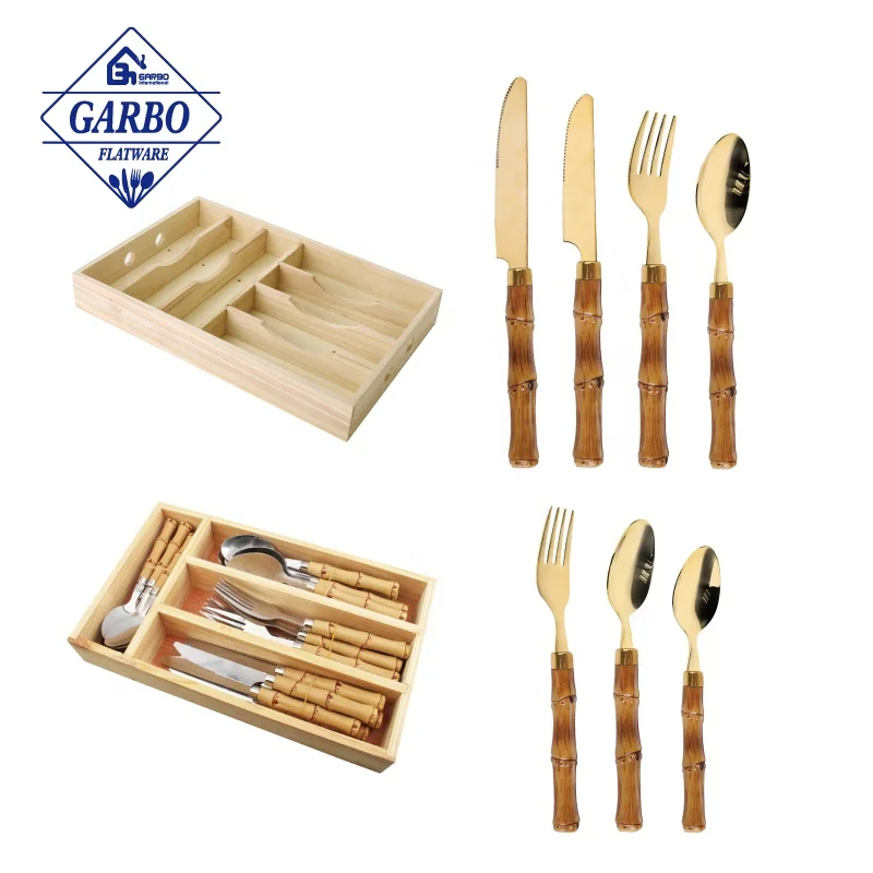 Bulk custom best selling dark bamboo plastic handle gold plated cutlery set 24 stainless steel flatware with divided wooden box