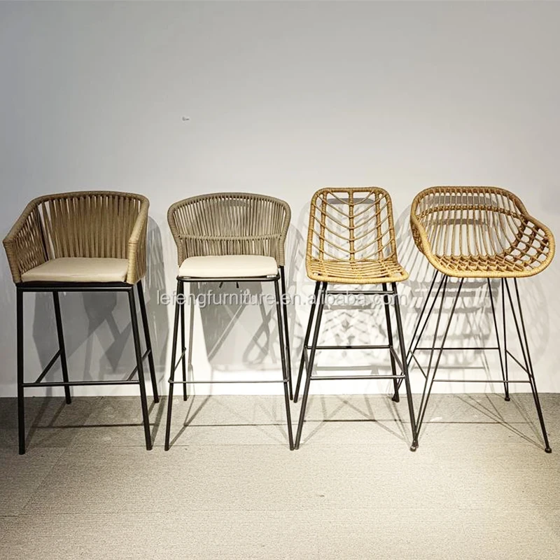 Wholesale Outdoor Furniture Restaurant Metal PE Rattan Bar Stool High Chair with Cushions Cheap Rattan Wicker Bar Stools