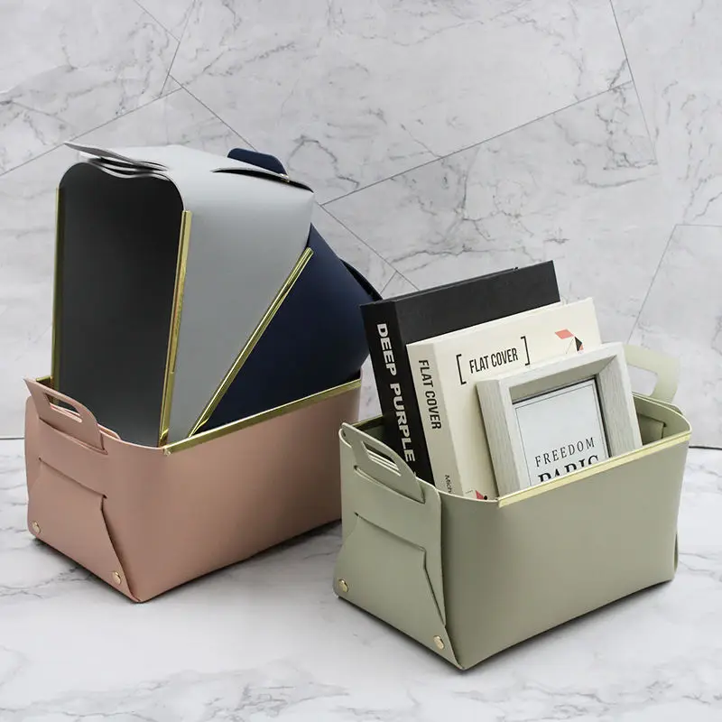 RTS PU Leather Desk Storage Basket With Handles Foldable Large Capacity Metal Edge Basket Portable Home Rectangle Organizer