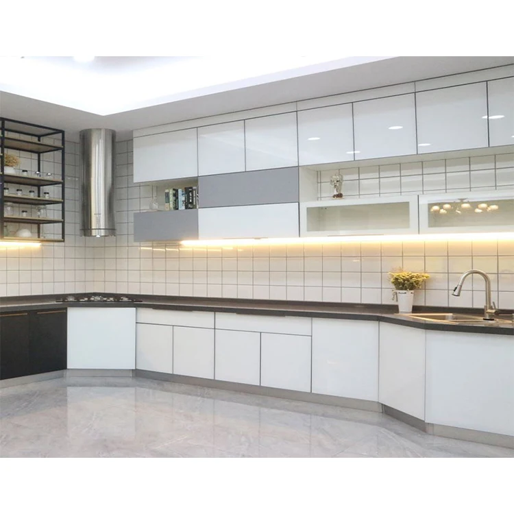 Custom kitchen cabinet furniture design modern style rta high gloss folding wood kitchen cabinet set with soft closing drawers