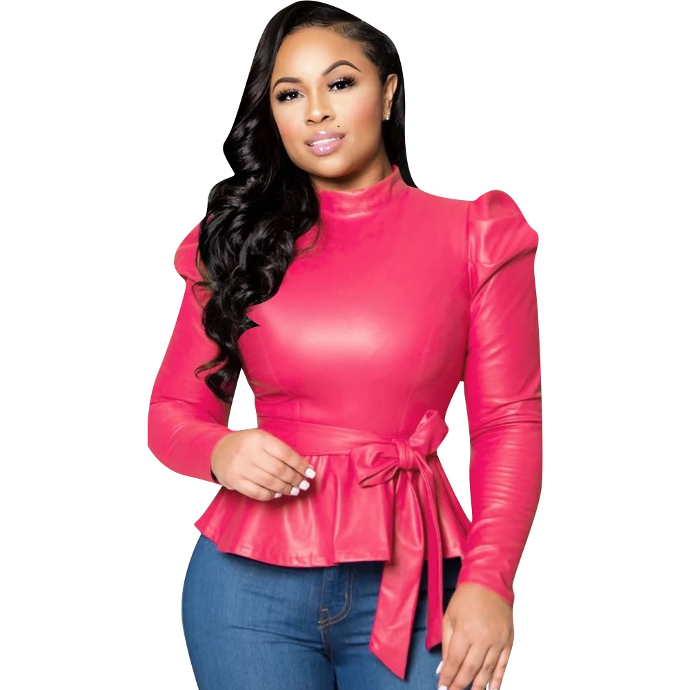 
YZ837 High quality leather shirt with high collar lace lace elastic waistband for women 