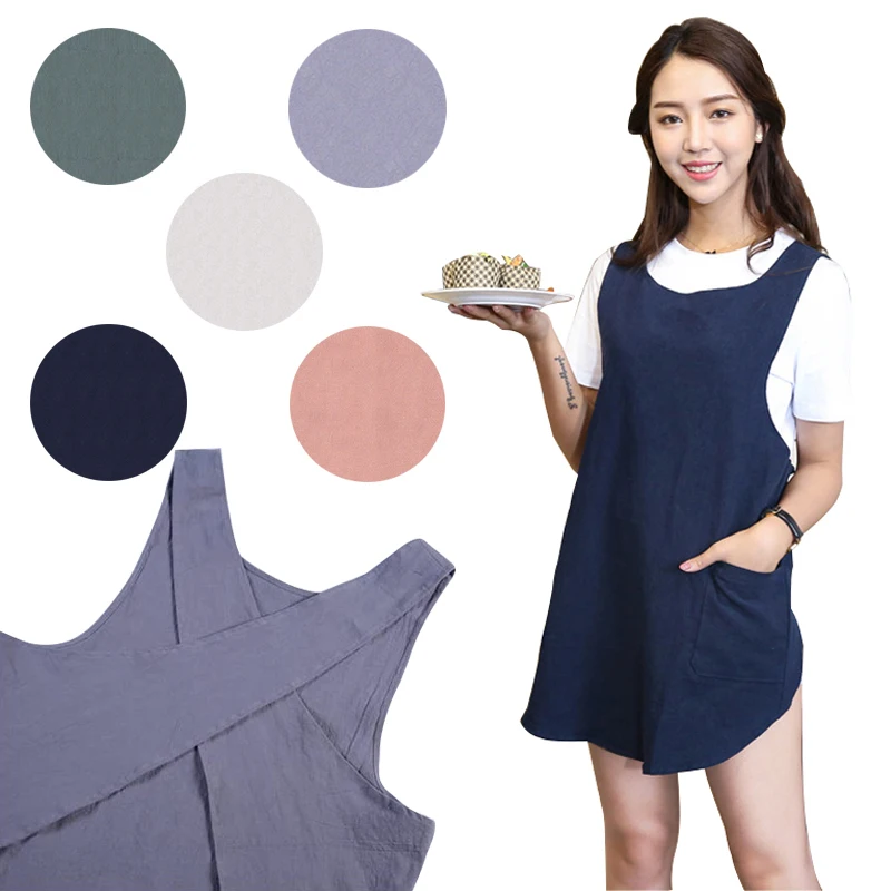 Hot sale stylish cotton linen plain cross back Japanese style apron with pockets