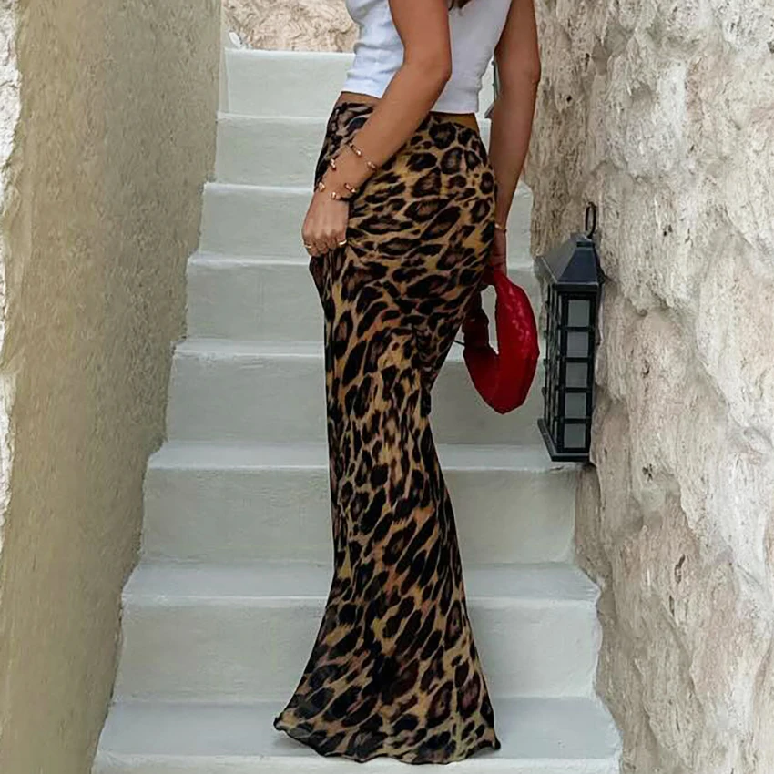 OOTN Ladies Casual Elegant Leopard Printed Dresses Autumn Office Ladies Chiffon Skirt Women Classic Leopard Long Skirt