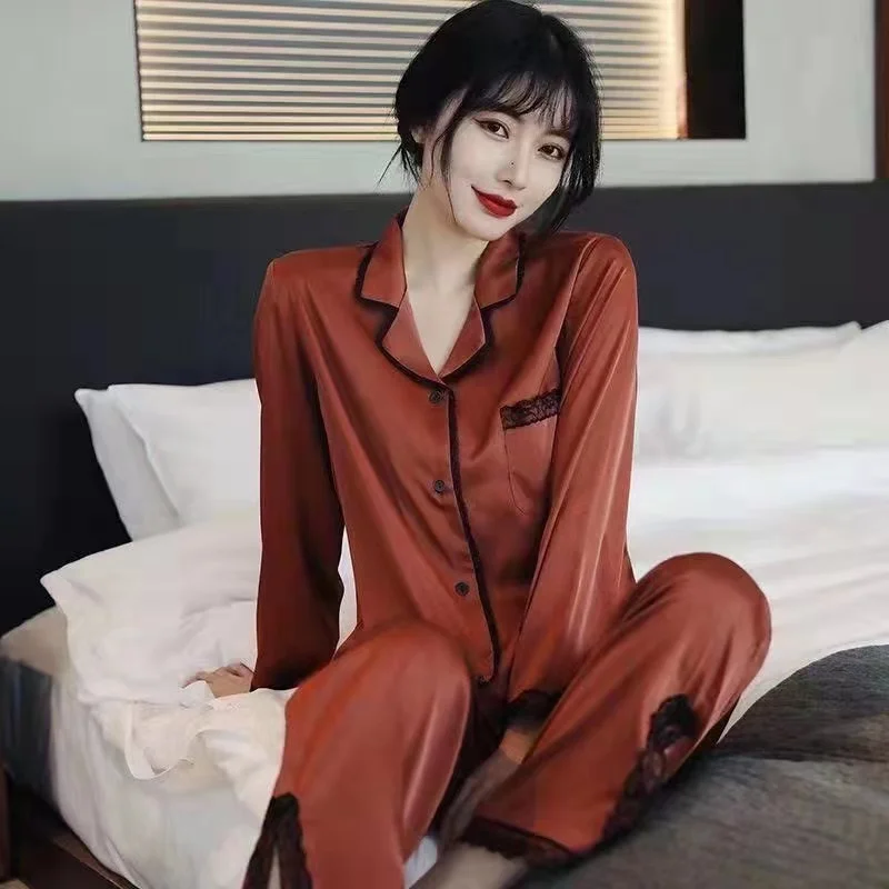 Spring and autumn new pajama set long sleeve pants two-piece set lace silk loungewear for women