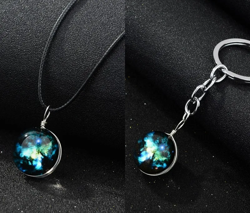 Solar System Necklace Galaxy Planet Pendant Double Side Glass Crystal Ball Universe Necklace Key chain Handmade Jewelry Set