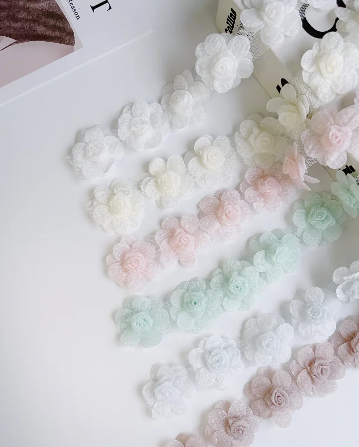 ZSY 3D flower motif organza  5-pedal floral lace trims headwear garment dress textile sewing upholstery pearl fabric
