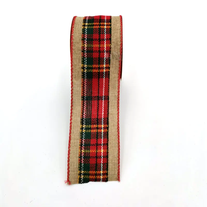 Christmas Party Gift Wrapping Decoration Wire Edge Trim Polyester Plaid Tartan Checker  Ribbon Roll for Bow