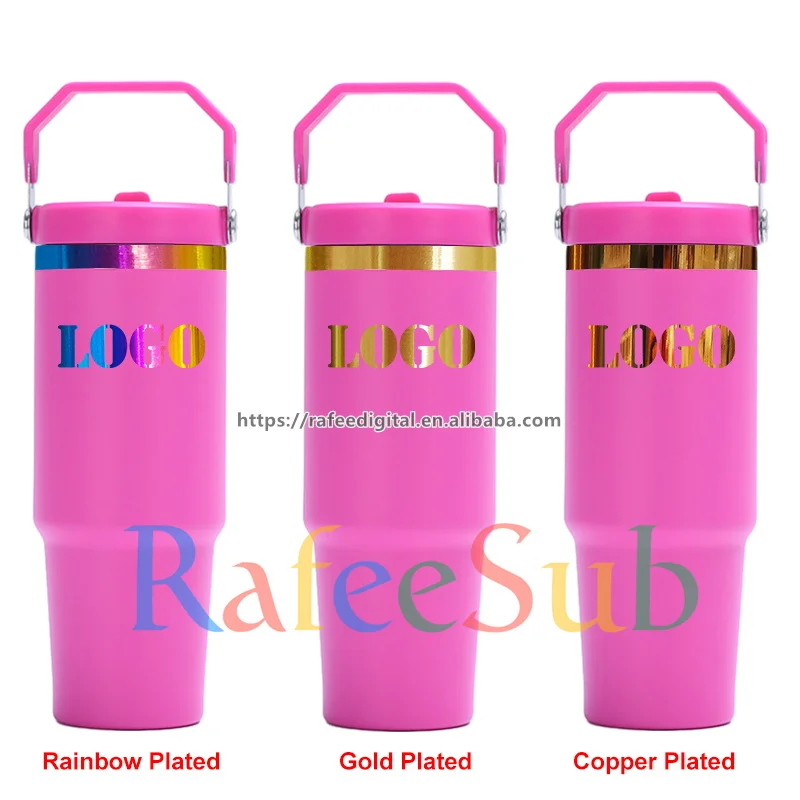 30oz 30 oz Rainbow/ Gold/ Copper Plated Base Laser Engrave Powder Coated Flip Straw Stainless Steel Tumbler Cup with Top Handle