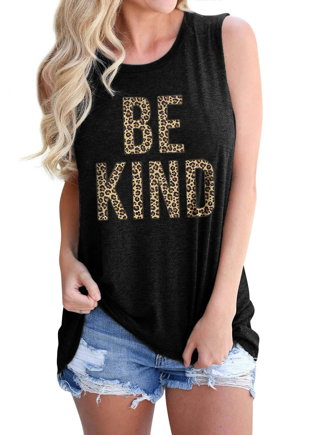 Hot sales ladies fashion BE KIND letter print round neck tank top women loose sexy summer vest