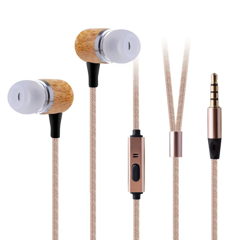 Custom Bass 3.5Mm Jack In-Ear Sport Kulaklik Biodegradable Bamboo Braided Headphones Wired Earphones With Microphone