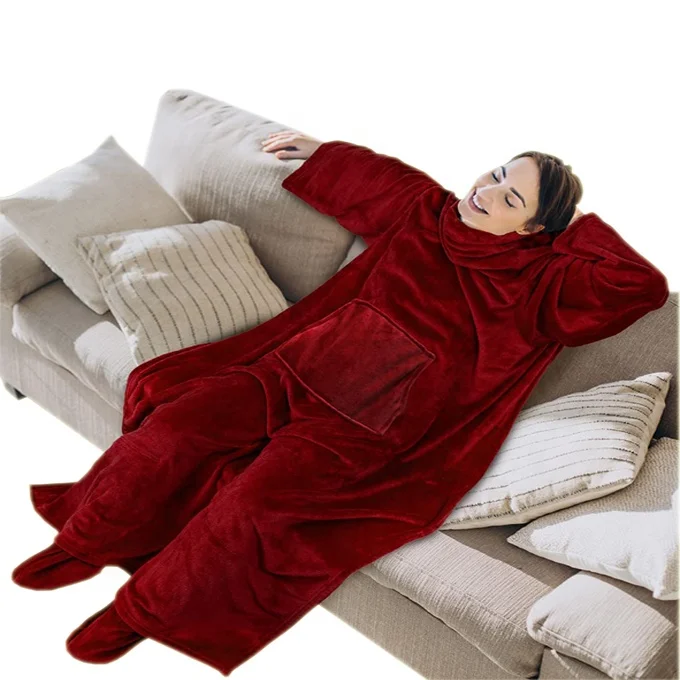 100% double-sided oversized soft TV wearable fleece blanket with sleeves and legs