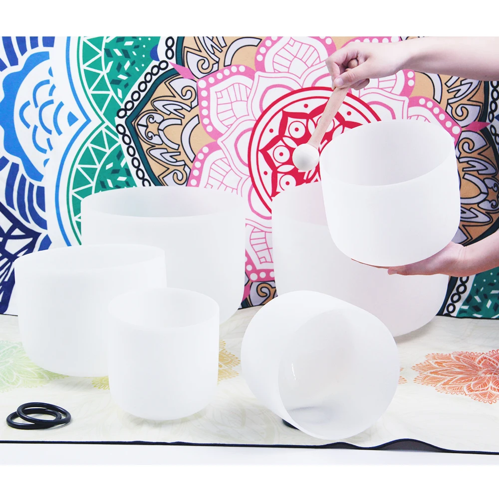 SH 7pcs One Set 432hz Frosted Quartz Crystal Singing Bowls C D E F G A B Note Crystal Bowls Singing