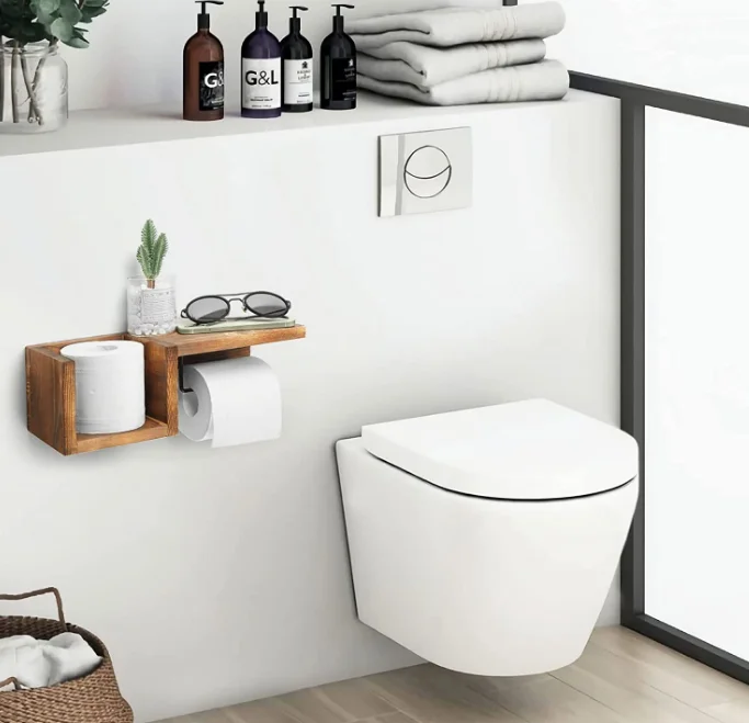 Best selling wall mounted kitchen bathrooms toilet paper holder wood toilet paper holder with shelf