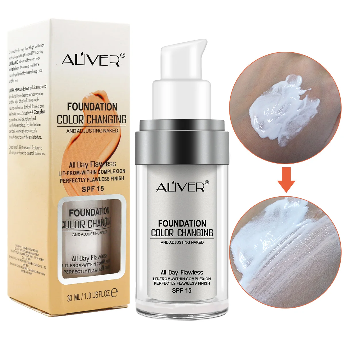 ALIVER Color Changing Long Lasting Waterproof Liquid Full Coverage Foundation for All Skin Type