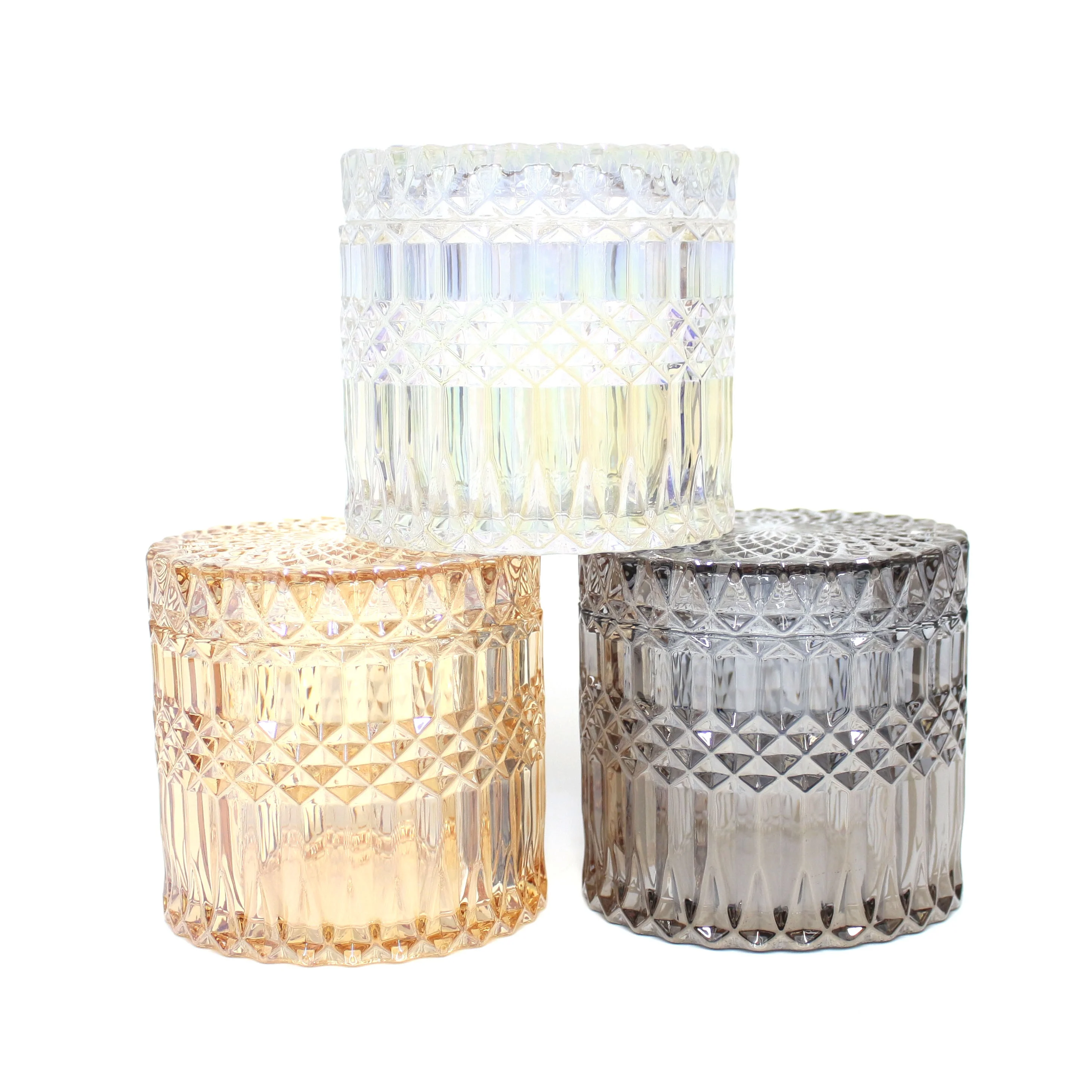 FENGJUN candle-empty embossed jar-wholesale 16 oz custom-glass-candle -jars geo cut glass candle jar with glass lid
