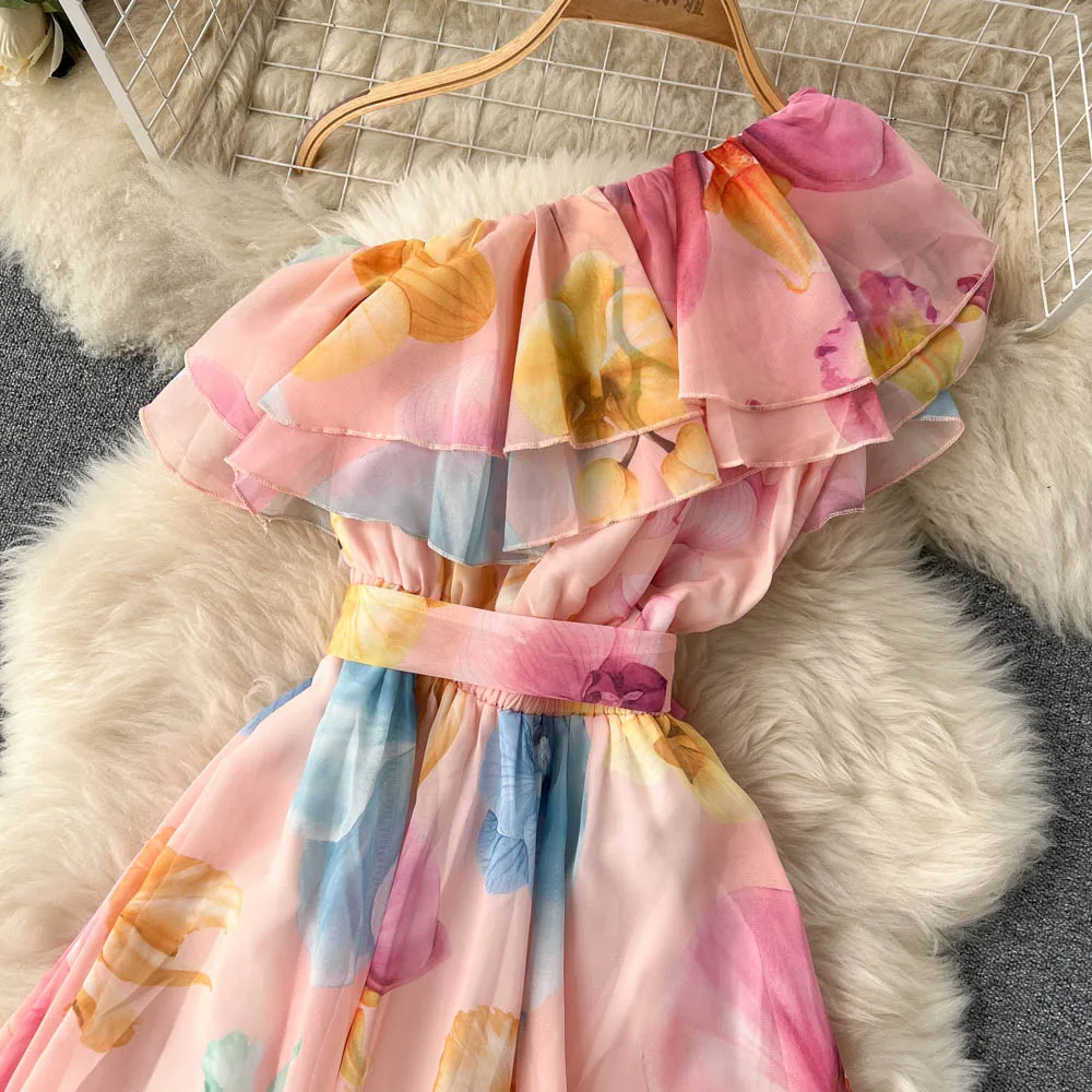 New Irregular Slanted Shoulder Chiffon Floral  Long Dress Vestidos Women Elegant Summer Casual Dresses