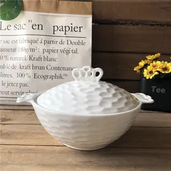 latest design ceramic embossed soup tureen bowls with two handle