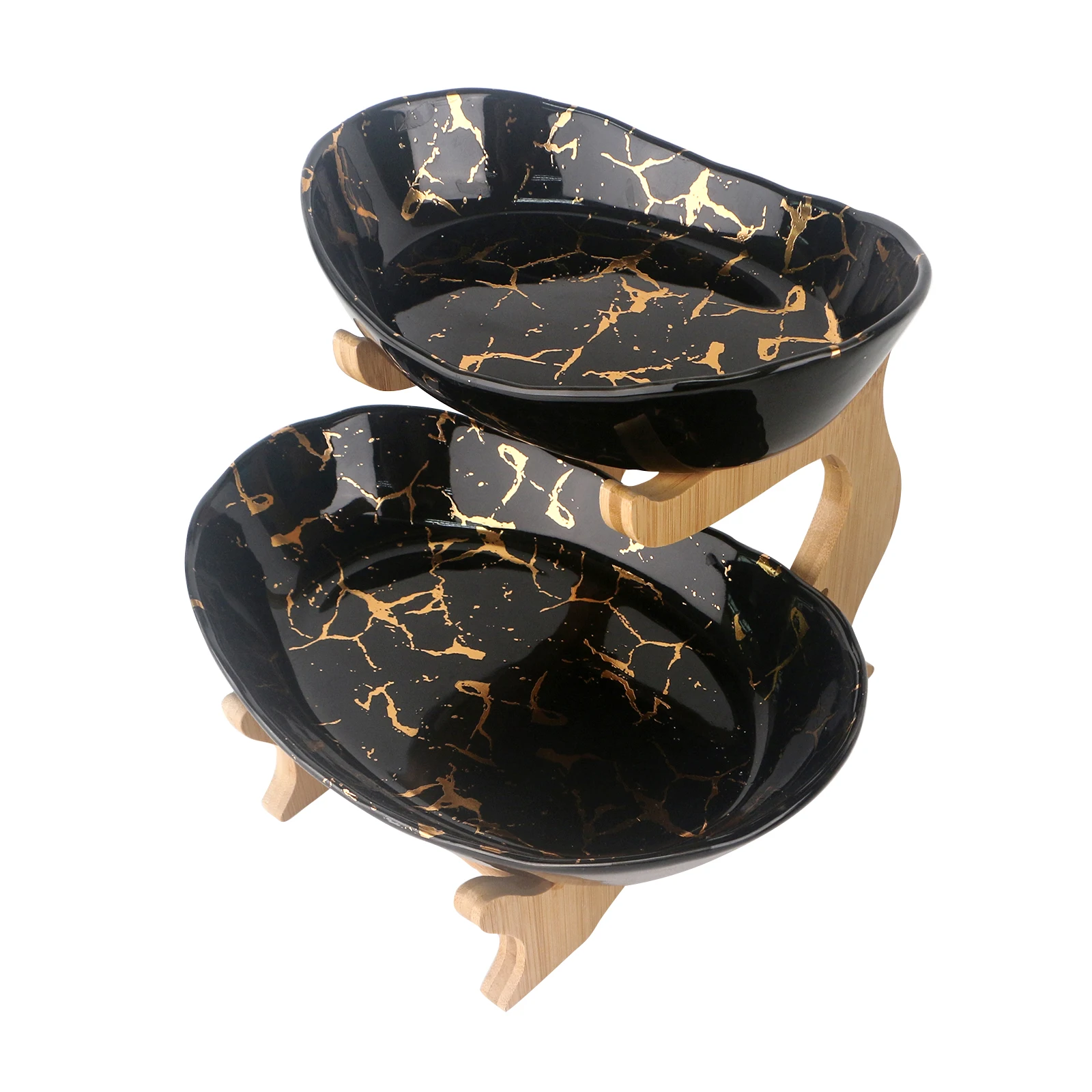 Creative Black and Dark Green With Gold Marble Ceramic Plates Serving Dishes Bamboo Rack for Ethiopian