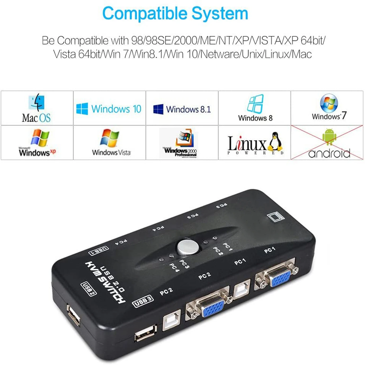  USB KVM переключатель 4 порта ПК МОНИТОР переключатели с VGA кабели для компьютерной клавиатуры и мыши