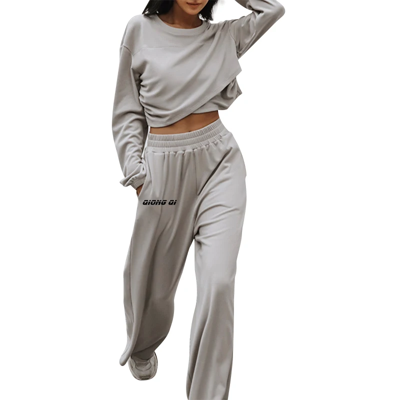 2024 new fashion leisure suit solid color loose pants Slim knitwear two-piece female models