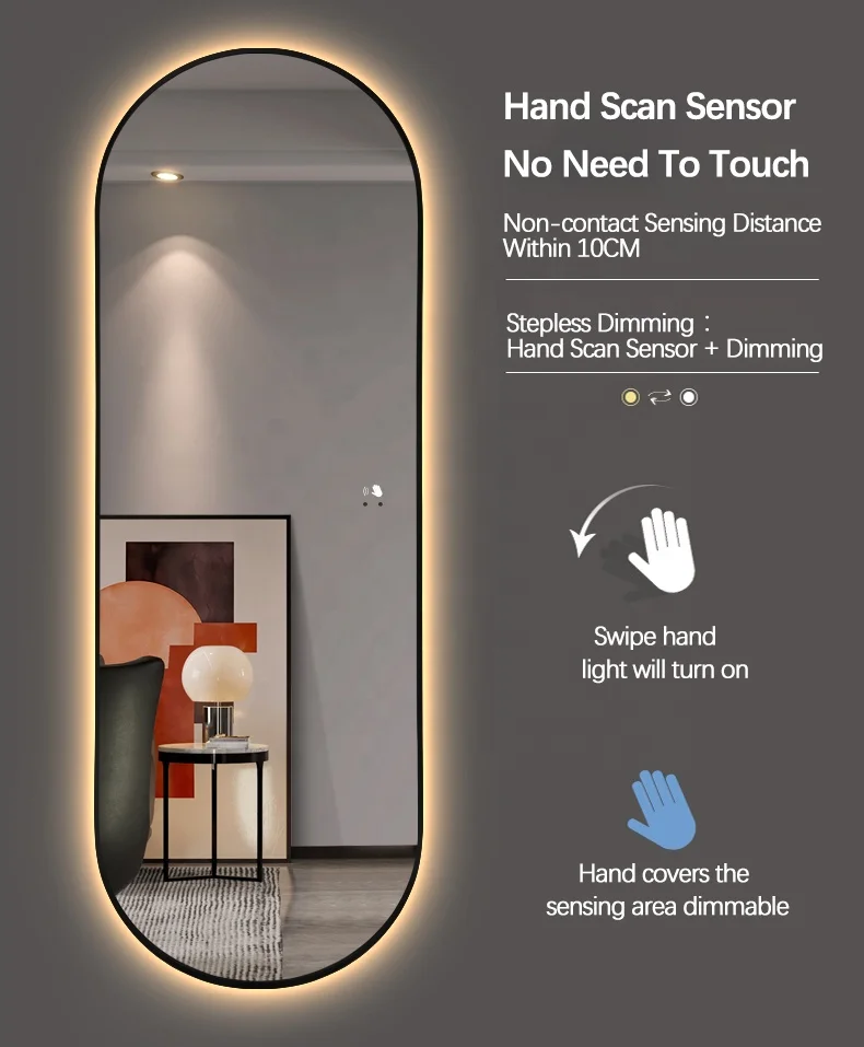 Hot sale full body floor dressing touch switch backlight metal framed vanity mirror with lights bathroom