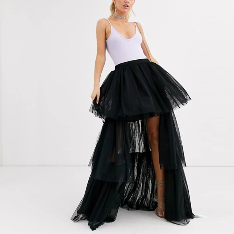 Womens Summer Solid Lightweight Tulle Tiered Elastic Waist Elegant Prom Maxi Skirt