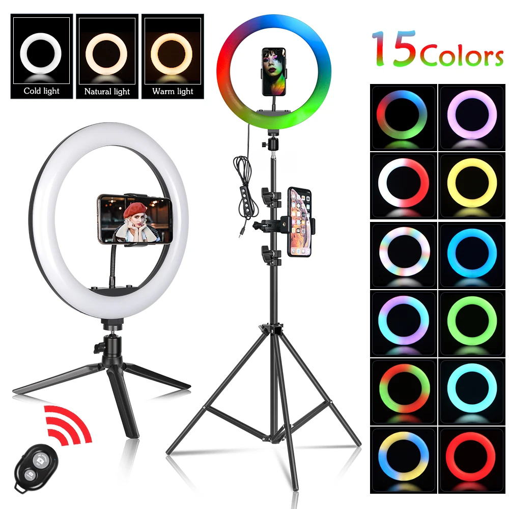 Wholesale price professional multicolor circle portable selfie stick studio phone desktop 12 inch rgb ring light