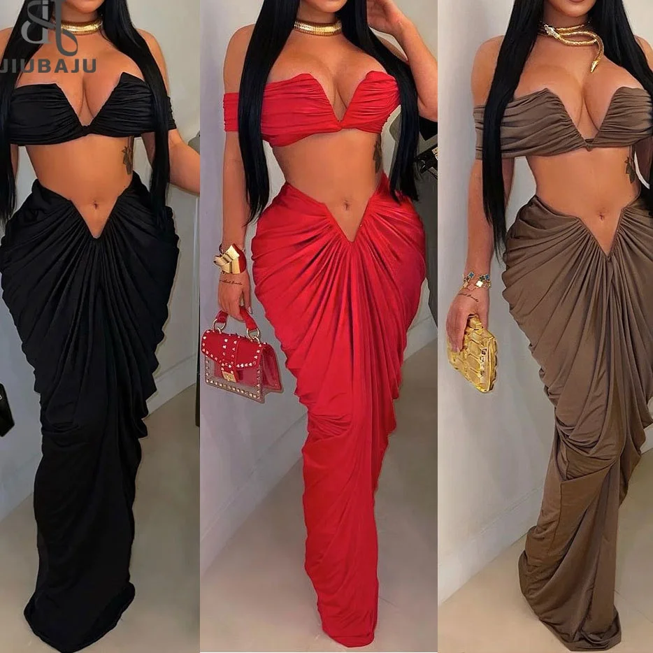 2024 Women Sexy Off Shoulder Strapless Crop Top 2 Pieces Skirt Set Ruched Bodycon Draping Long Skirts Outfit