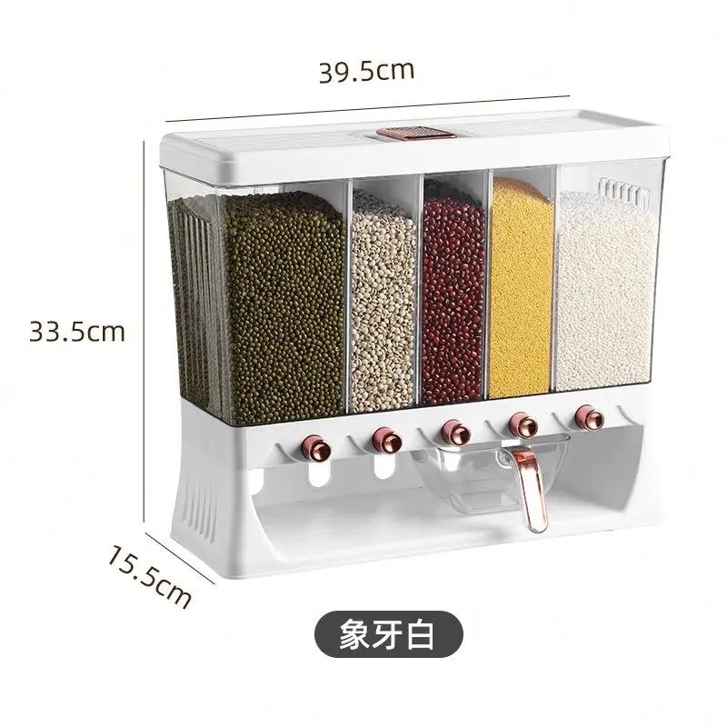 Household 5-girds Dry Food Lentils Dispensers Containers Rice Dispenser Cereal Bucket Wall Mounted Grain Storage Box