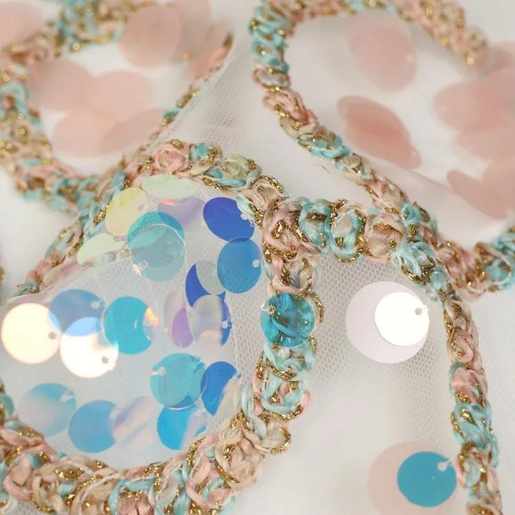 fancy tulle with big circle sequin lace with twist tape embroidery 3d large spagle swing fabric for party dresses